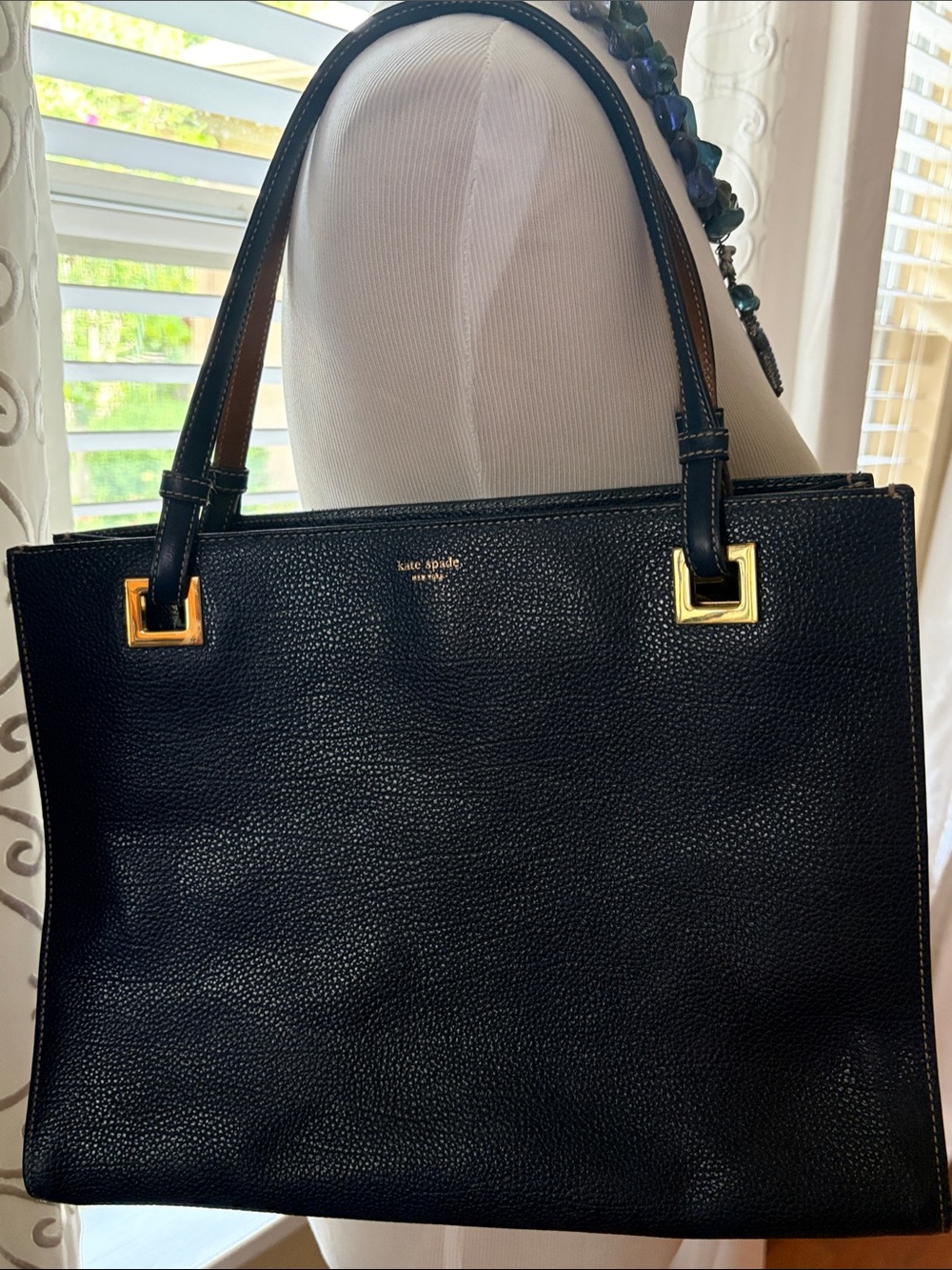 kate spade Navy Pebbled Leather Tote with Gold Hardware-Made in Italy